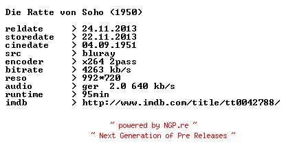 NFO for the release Die.Ratte.von.Soho.1950.German.720p.BluRay.x264-CONTRiBUTiON by CONTRiBUTiON
