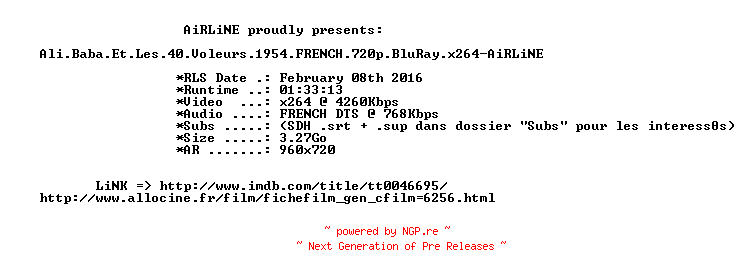 NFO for the release Ali.Baba.Et.Les.40.Voleurs.1954.FRENCH.720p.BluRay.x264-AiRLiNE by AiRLiNE