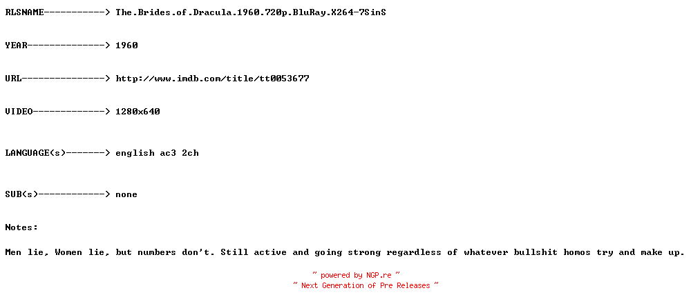 NFO for the release The.Brides.of.Dracula.1960.720p.BluRay.X264-7SinS by 7SinS