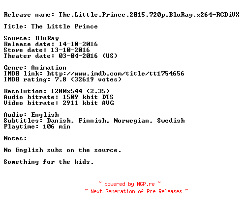 NFO for the release The.Little.Prince.2015.720p.BluRay.x264-RCDiVX by RCDiVX