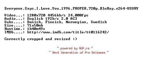 NFO for the release Everyone.Says.I.Love.You.1996.PROPER.720p.BluRay.x264-USURY by USURY