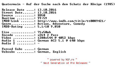 NFO for the release Quatermain.Auf.der.Suche.nach.dem.Schatz.der.Koenige.1985.German.720p.BluRay.x264-SPiCY by SPiCY
