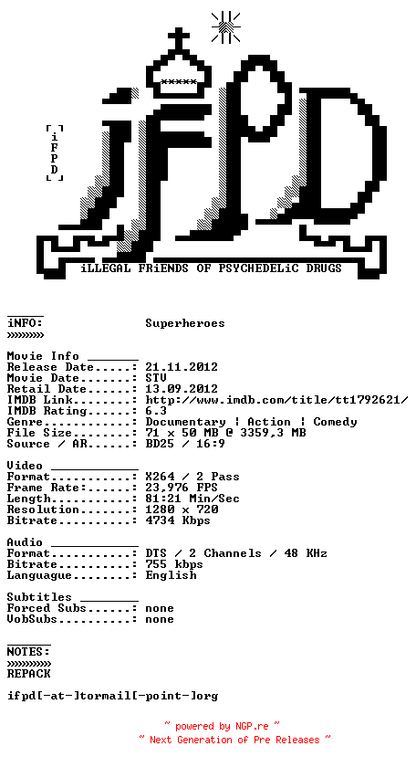 NFO for the release Superheroes.2011.720p.BluRay.x264.REPACK-iFPD by iFPD