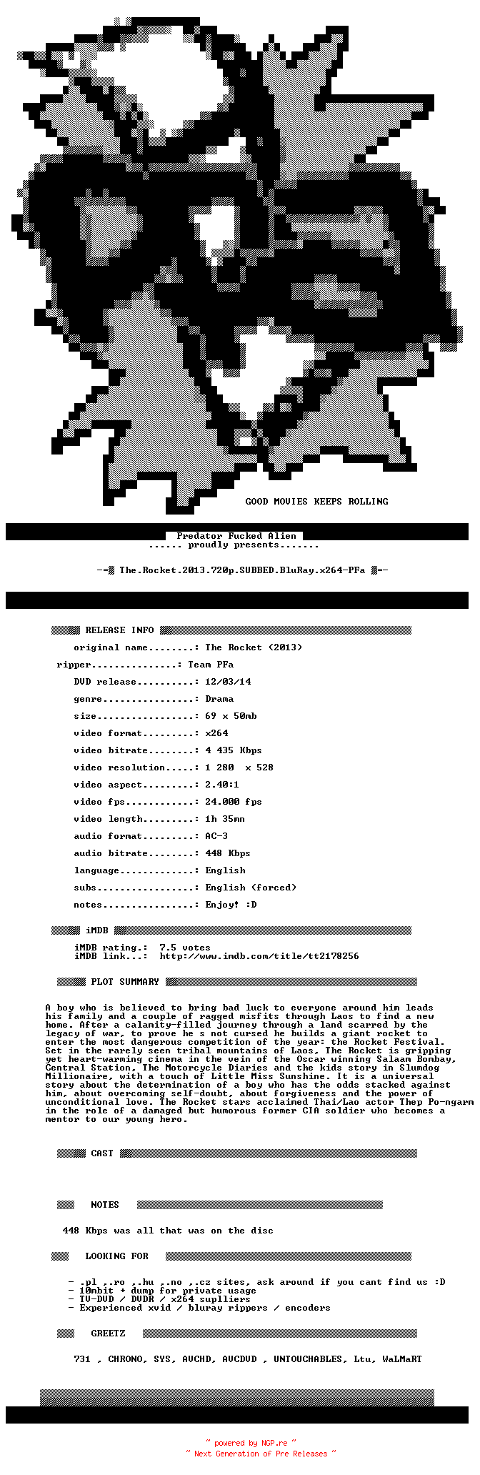 NFO for the release The.Rocket.2013.720p.SUBBED.BluRay.x264-PFa by PFa