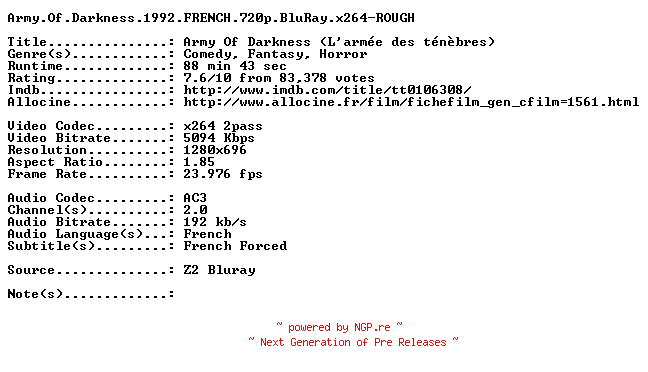 NFO for the release Army.Of.Darkness.1992.FRENCH.720p.BluRay.x264-ROUGH by ROUGH