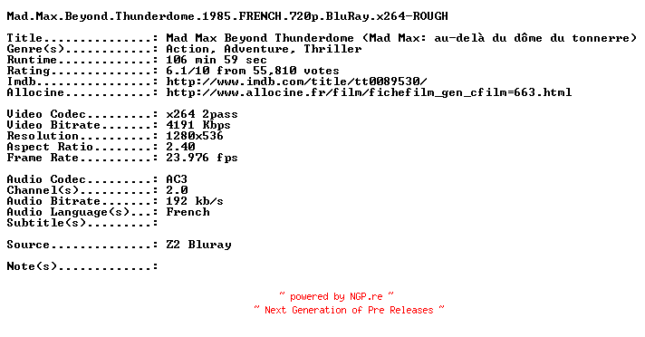 NFO for the release Mad.Max.Beyond.Thunderdome.1985.FRENCH.720p.BluRay.x264-ROUGH by ROUGH