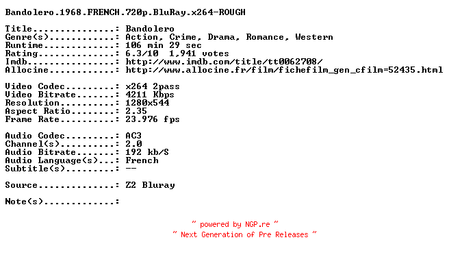 NFO for the release Bandolero.1968.FRENCH.720p.BluRay.x264-ROUGH by ROUGH