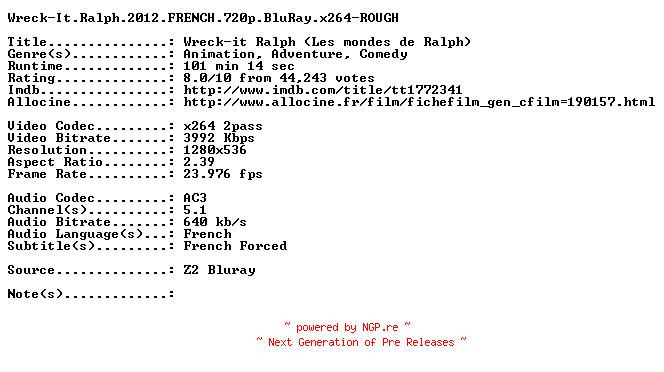NFO for the release Wreck-It.Ralph.2012.FRENCH.720p.BluRay.x264-ROUGH by ROUGH