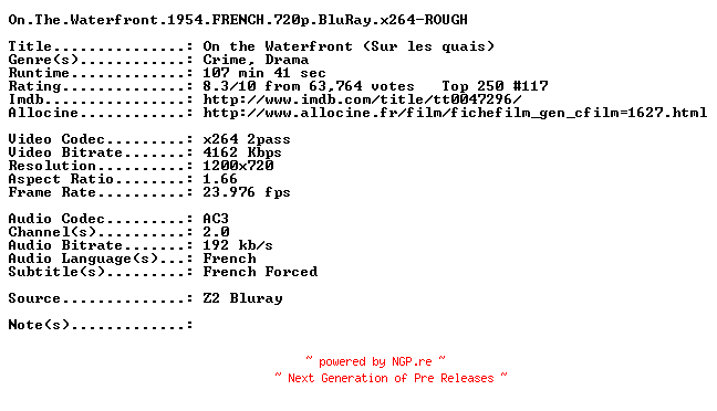 NFO for the release On.The.Waterfront.1954.FRENCH.720p.BluRay.x264-ROUGH by ROUGH