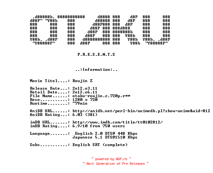 NFO for the release Roujin.Z.1991.720p.Bluray.x264-OTAKU by OTAKU