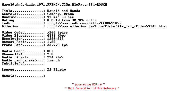 NFO for the release Harold.And.Maude.1971.FRENCH.720p.BluRay.x264-ROUGH by ROUGH