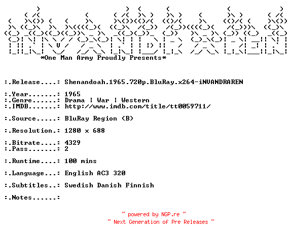 NFO for the release Shenandoah.1965.720p.BluRay.x264-iNVANDRAREN by iNVANDRAREN