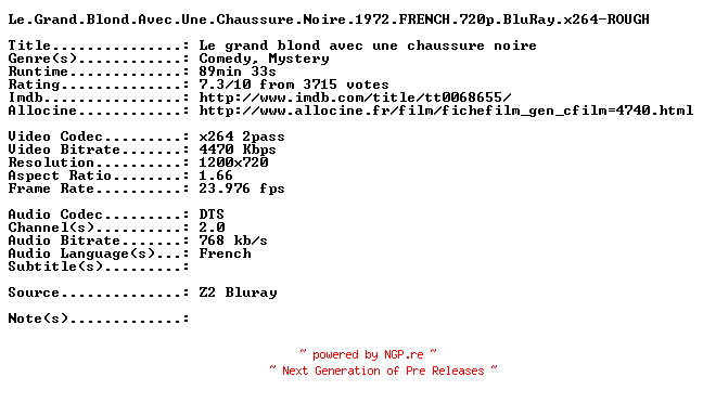 NFO for the release Le.Grand.Blond.Avec.Une.Chaussure.Noire.1972.FRENCH.720p.BluRay.x264-ROUGH by ROUGH