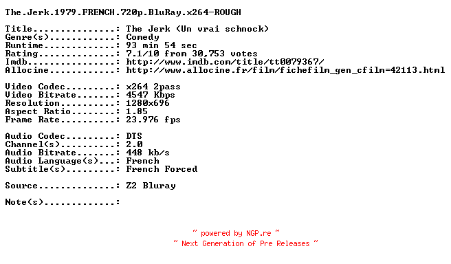 NFO for the release The.Jerk.1979.FRENCH.720p.BluRay.x264-ROUGH by ROUGH