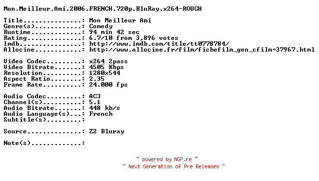 NFO for the release Mon.Meilleur.Ami.2006.FRENCH.720p.BluRay.x264-ROUGH by ROUGH