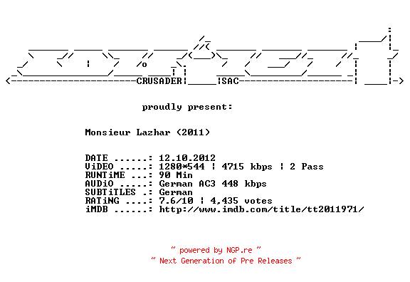 NFO for the release Monsieur.Lazhar.German.720p.BluRay.x264-CONFiDENT by CONFiDENT