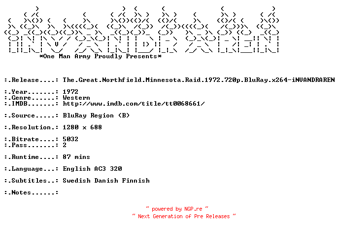 NFO for the release The.Great.Northfield.Minnesota.Raid.1972.720p.BluRay.x264-iNVANDRAREN by iNVANDRAREN