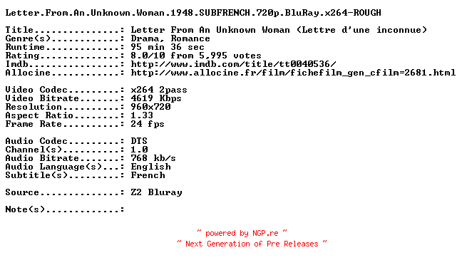 NFO for the release Letter.From.An.Unknown.Woman.1948.SUBFRENCH.720p.BluRay.x264-ROUGH by ROUGH