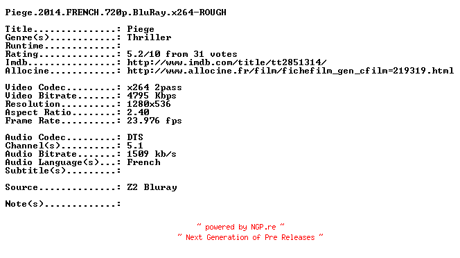 NFO for the release Piege.2014.FRENCH.720p.BluRay.x264-ROUGH by ROUGH