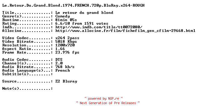 NFO for the release Le.Retour.Du.Grand.Blond.1974.FRENCH.720p.BluRay.x264-ROUGH by ROUGH
