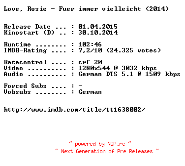 NFO for the release Love.Rosie.Fuer.immer.vielleicht.German.720p.BluRay.x264-EXQUiSiTE by EXQUiSiTE