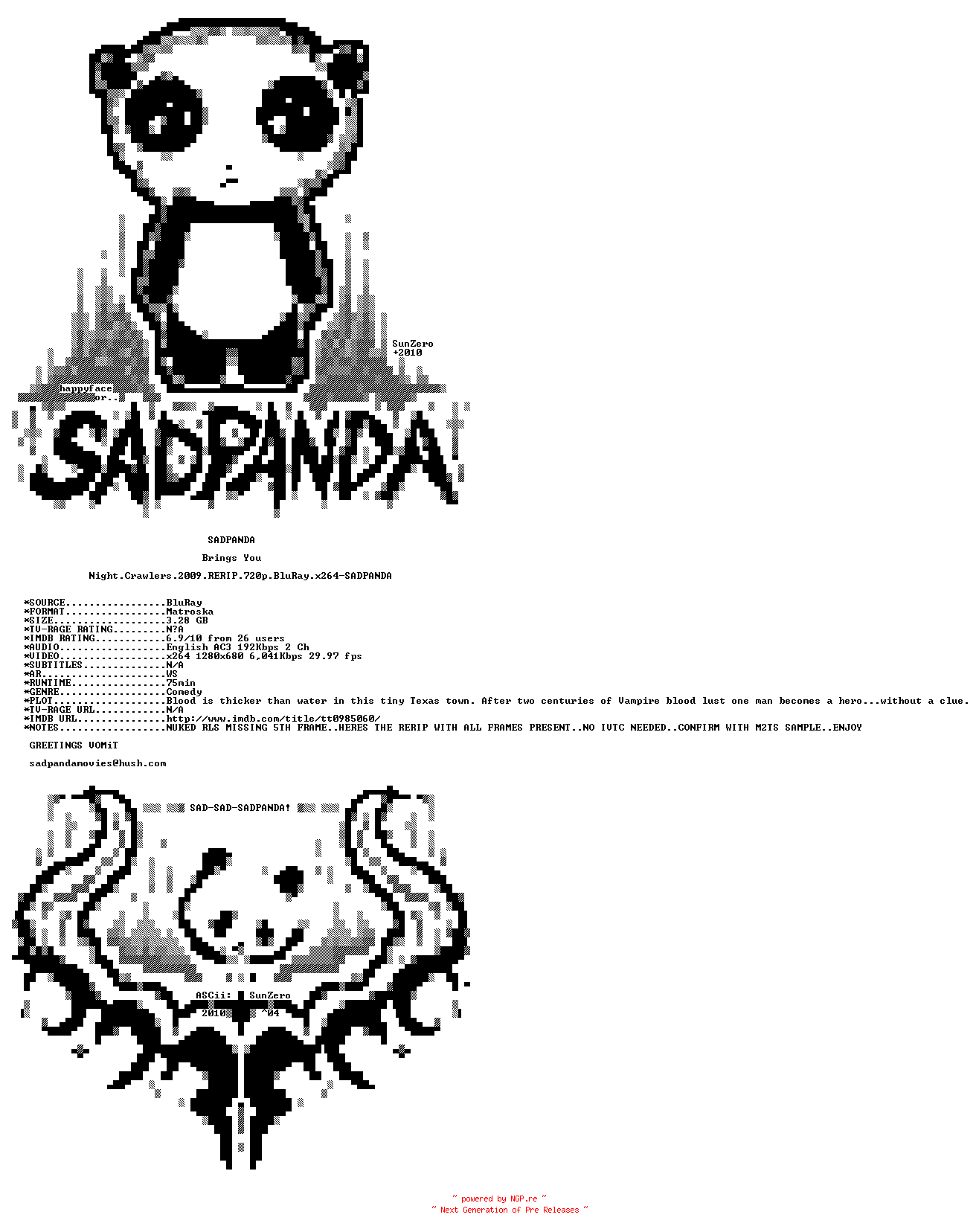 NFO for the release Night.Crawlers.2009.RERIP.720p.BluRay.x264-SADPANDA by SADPANDA
