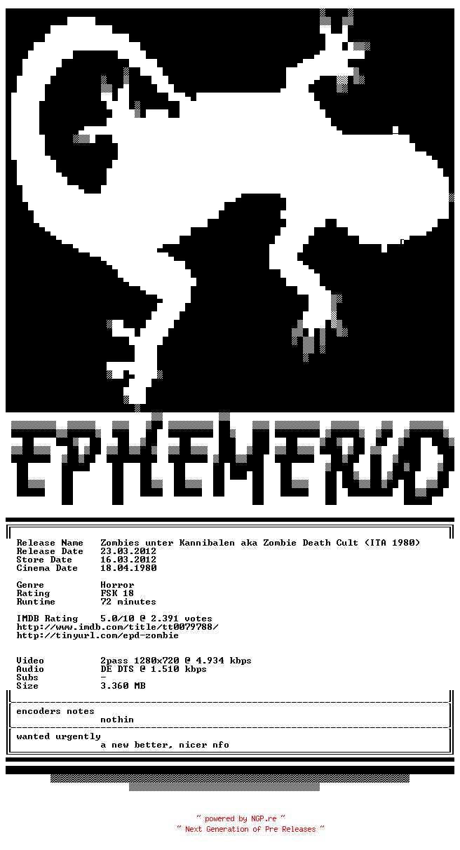 NFO for the release Zombies.unter.Kannibalen.1980.German.720p.BluRay.x264-EPHEMERiD by EPHEMERiD
