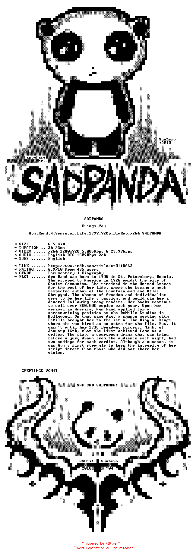 NFO for the release Ayn.Rand.A.Sense.of.Life.1997.720p.BluRay.x264-SADPANDA by SADPANDA