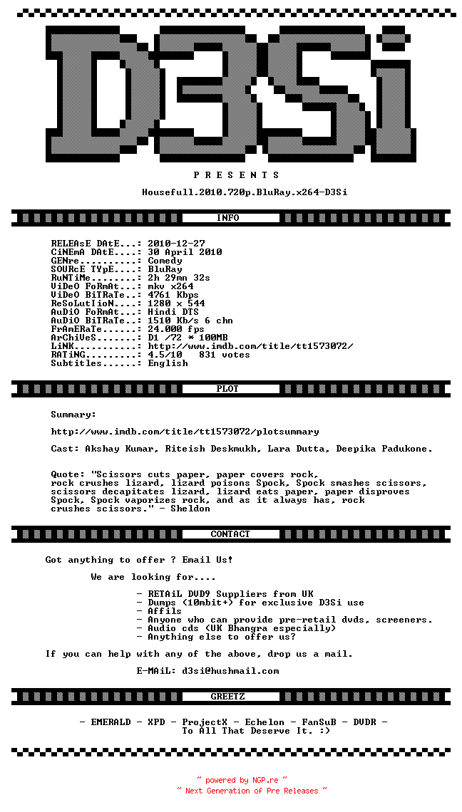 NFO for the release Housefull.2010.720p.BluRay.x264-D3Si by D3Si