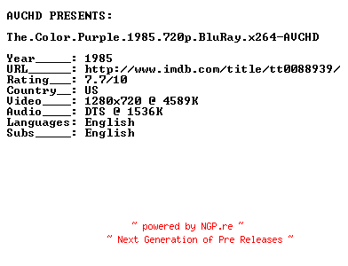 NFO for the release The.Color.Purple.1985.720p.BluRay.x264-AVCHD by AVCHD
