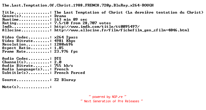 NFO for the release The.Last.Temptation.Of.Christ.1988.FRENCH.720p.BluRay.x264-ROUGH by ROUGH