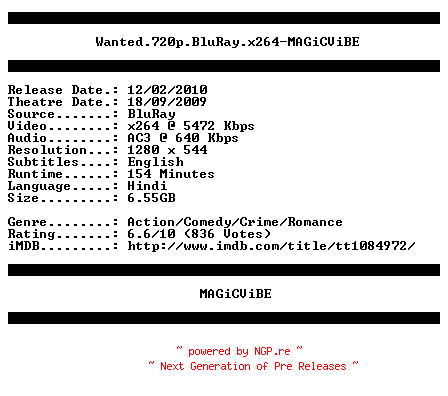 NFO for the release Wanted.720p.BluRay.x264-MAGiCViBE by MAGiCViBE