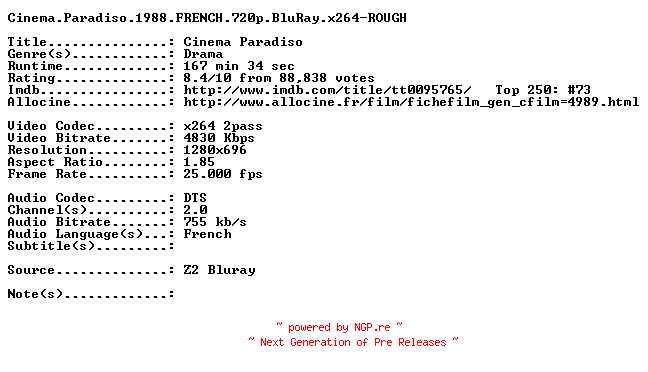 NFO for the release Cinema.Paradiso.1988.FRENCH.720p.BluRay.x264-ROUGH by ROUGH
