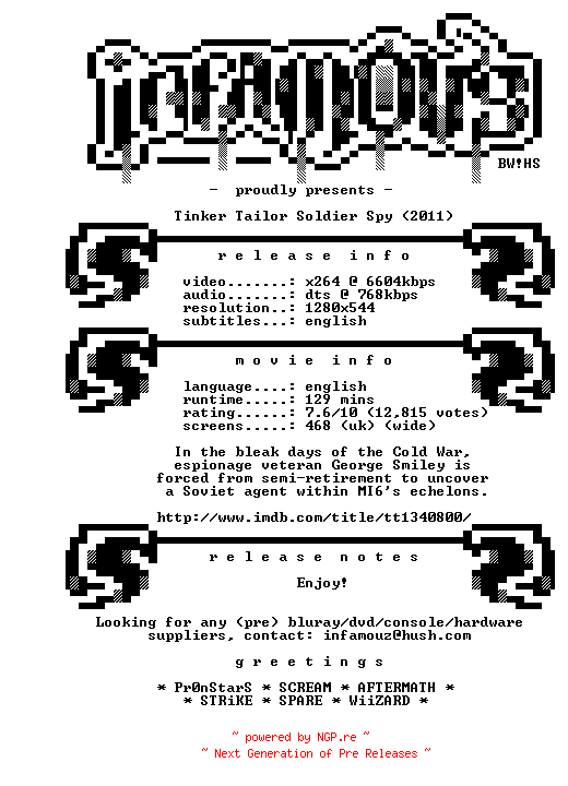 NFO for the release Tinker.Tailor.Soldier.Spy.2011.720p.BluRay.x264-iNFAMOUS by iNFAMOUS