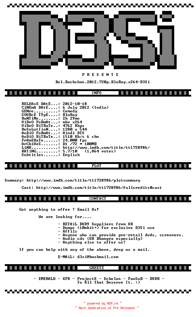 NFO for the release Bol.Bachchan.2012.720p.BluRay.x264-D3Si by D3Si