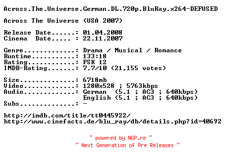 NFO for the release Across.The.Universe.German.DL.720p.BluRay.x264-DEFUSED by DEFUSED