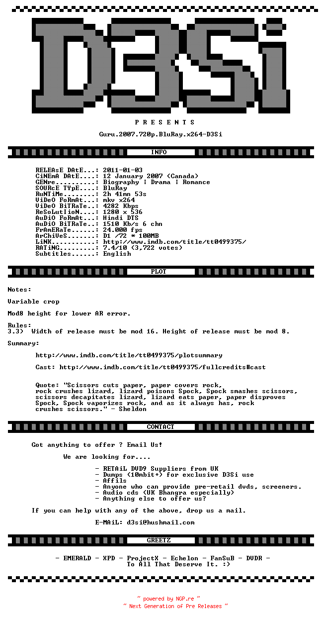 NFO for the release Guru.2007.720p.BluRay.x264-D3Si by D3Si