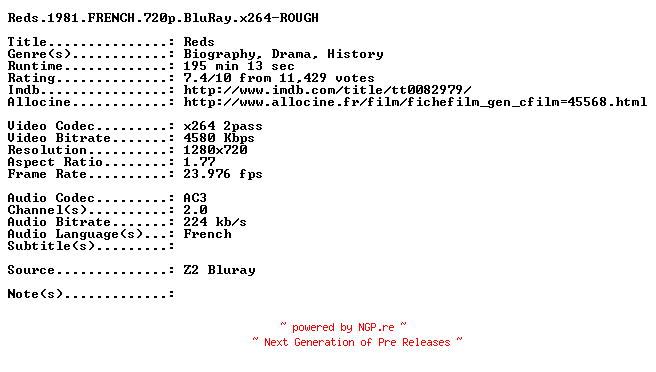 NFO for the release Reds.1981.FRENCH.720p.BluRay.x264-ROUGH by ROUGH