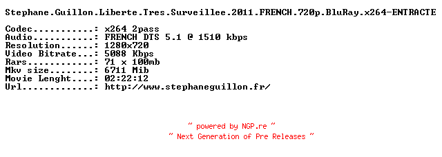NFO for the release Stephane.Guillon.Liberte.Tres.Surveillee.2011.FRENCH.720p.BluRay.x264-ENTRACTE by ENTRACTE