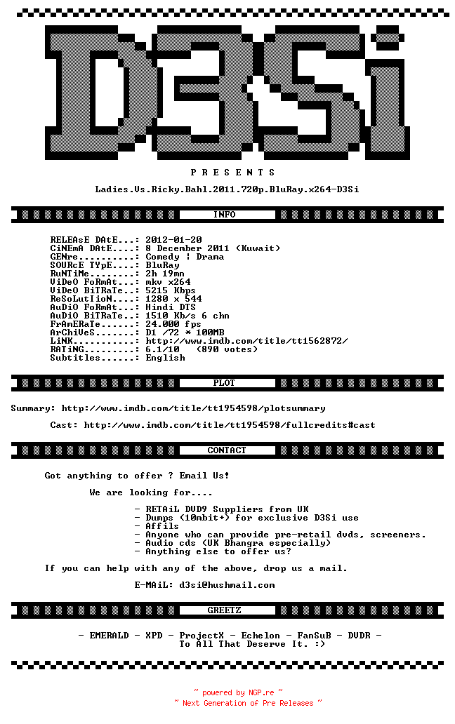 NFO for the release Ladies.Vs.Ricky.Bahl.2011.720p.BluRay.x264-D3Si by D3Si