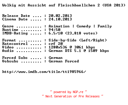 NFO for the release Wolkig.mit.Aussicht.auf.Fleischbaellchen.2.3D.German.720p.BluRay.x264-EXQUiSiTE by EXQUiSiTE