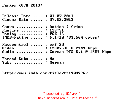 NFO for the release Parker.2013.German.720p.BluRay.x264-EXQUiSiTE by EXQUiSiTE