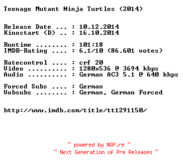 NFO for the release Teenage.Mutant.Ninja.Turtles.2014.German.720p.BluRay.x264-EXQUiSiTE by EXQUiSiTE
