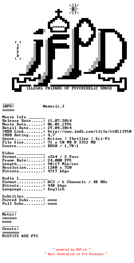 NFO for the release Nemesis.3.1996.720p.BluRay.x264-iFPD by iFPD