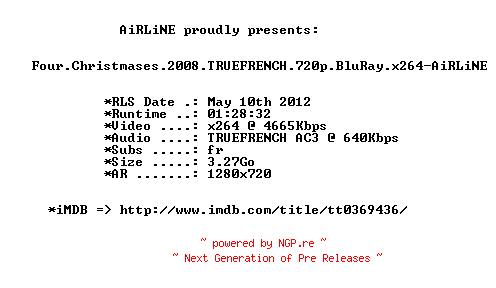 NFO for the release Four.Christmases.2008.TRUEFRENCH.720p.BluRay.x264-AiRLiNE by AiRLiNE
