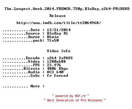 NFO for the release The.Longest.Week.2014.FRENCH.720p.BluRay.x264-PRiDEHD by PRiDEHD