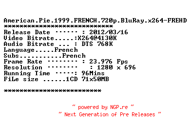 NFO for the release American.Pie.1999.FRENCH.720p.BluRay.x264-FREHD by FREHD