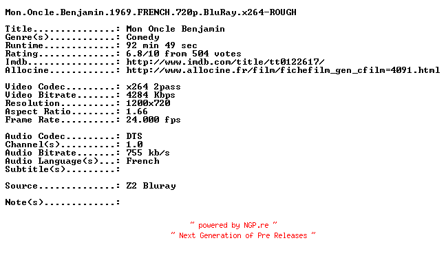 NFO for the release Mon.Oncle.Benjamin.1969.FRENCH.720p.BluRay.x264-ROUGH by ROUGH