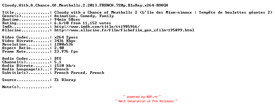 NFO for the release Cloudy.With.A.Chance.Of.Meatballs.2.2013.FRENCH.720p.BluRay.x264-ROUGH by ROUGH