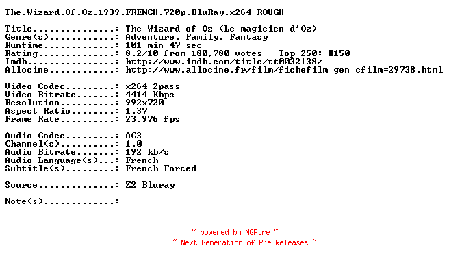 NFO for the release The.Wizard.Of.Oz.1939.FRENCH.720p.BluRay.x264-ROUGH by ROUGH